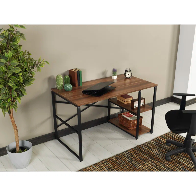 Sage Black Metal Frame 47" Wooden Top 2 Shelves Writing and Computer Desk for Home Office, Walnut