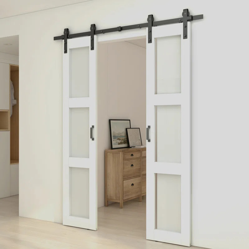 Calhome 3-Lite Tempered Frosted Glass White Finished Composite Double Sliding Barn Door with Hardware Kit Handle