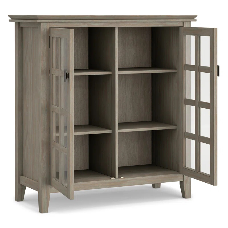 Simpli Home Artisan 38"W Solid Wood 4-Shelf Medium Storage Cabinet with Glass Doors and Adjustable Shelves