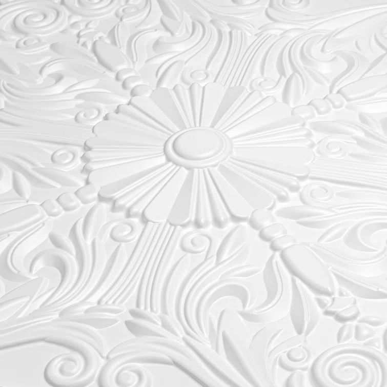 Art3d Art3d Decorative Ceiling Tile 2x2 Glue up, Lay in Ceiling Tile 24x24 Pack of 12pcs Spanish Floral in Matt White