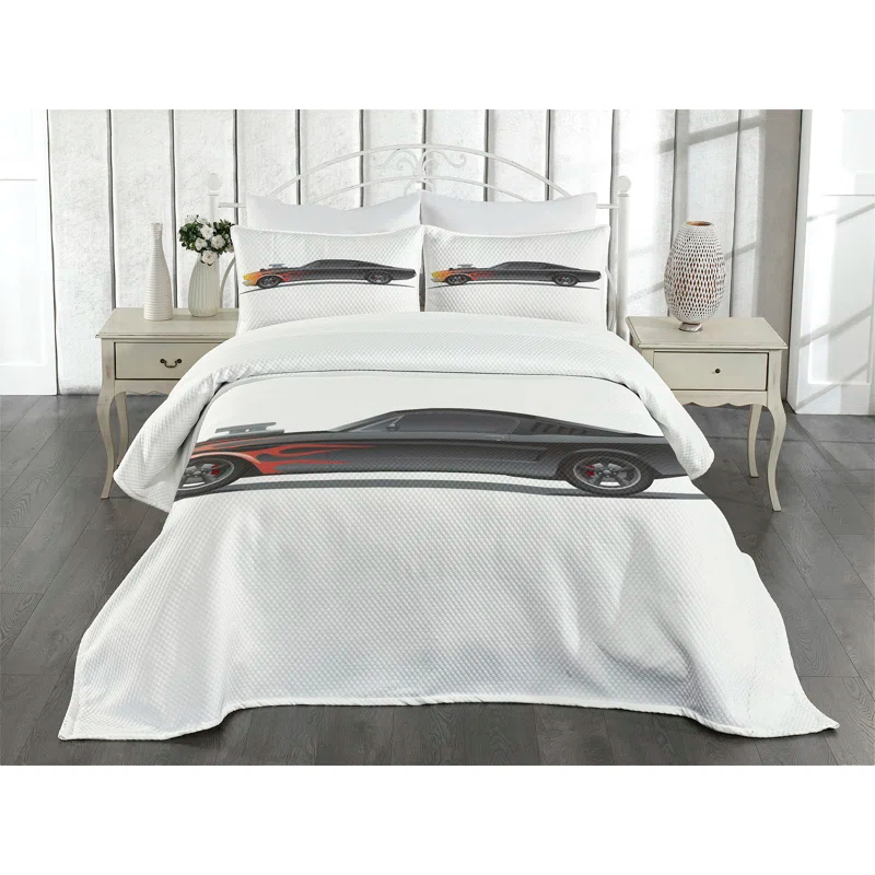 Ambesonne Cars Bedspread Set Retro Supercharger Vehicle Charcoal Grey Orange | Wayfair