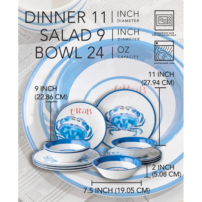 Certified International Beach House Crab 12-Piece Melamine Dinnerware Set – Blue & White Nautical-Themed Plates & Bowls – Shatterproof, Lightweight, and Dishwasher-Safe Coastal Tableware for Indoor & Outdoor Dining