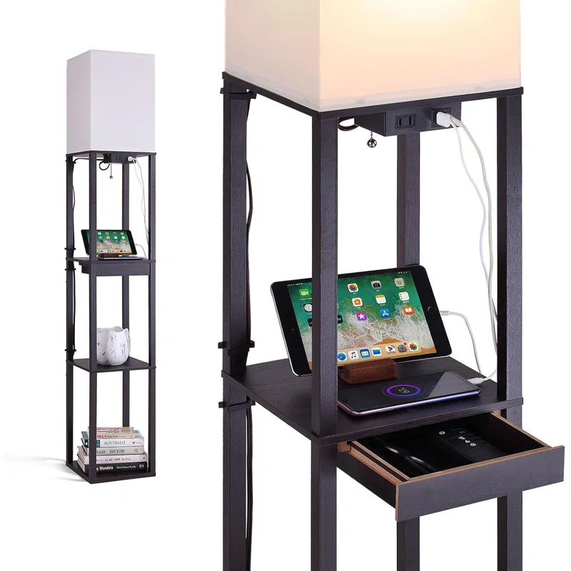 Latitude Run® Modern Corner Floor Lamp With 4-Tier Shelves, USB Charging Ports, Power Outlet & Drawer, Adjustable LED Light, Black Wooden Standing Lamp For Living Room, Bedroom, Office