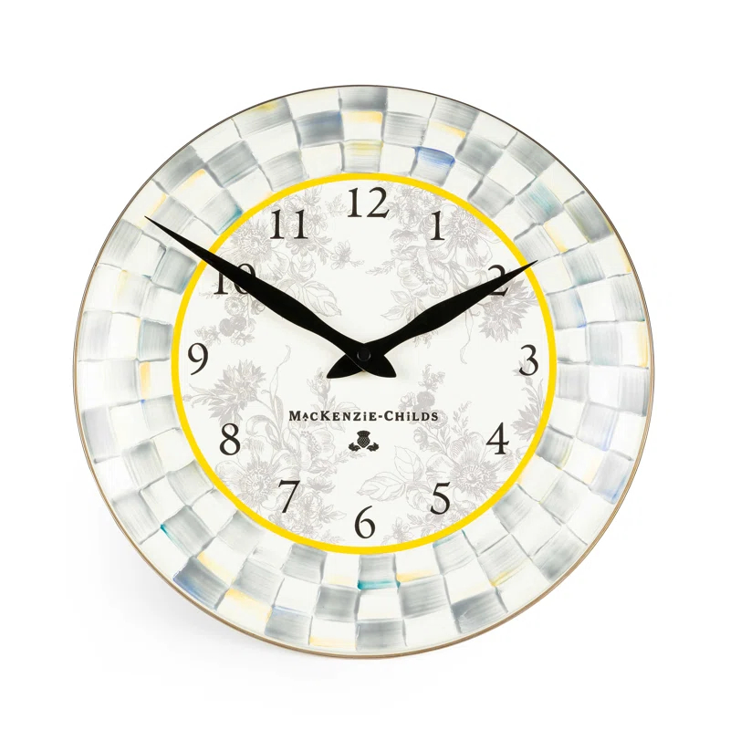 Gray and White Enamel Round Wall Clock with Hand-Painted Checks