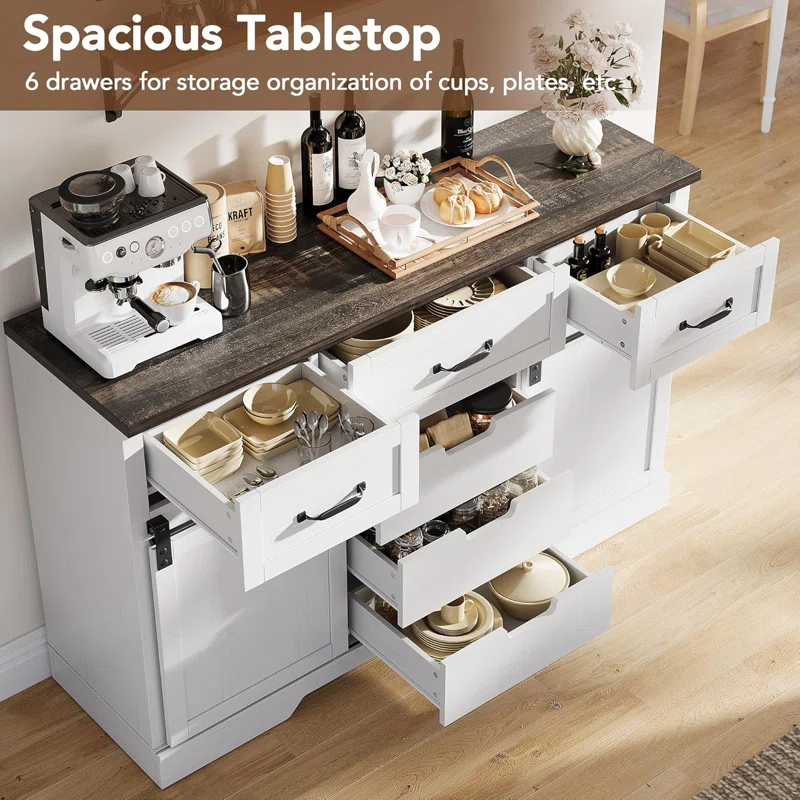 August Grove® Farmhouse 6 Drawers Dresser For Bedroom With Sliding Barn Doors, Wood Dresser & Chest Of Drawers, Rustic Dresser Tv Stand, Dresser Organizer For Bedroom, Living Room, White