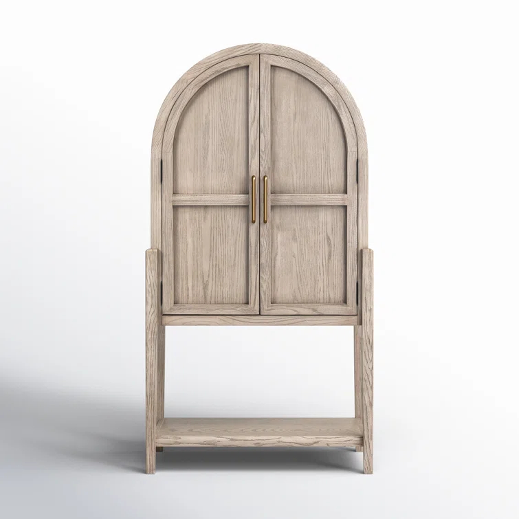 Drifted Oak and Antique Brass Arched Bar Cabinet