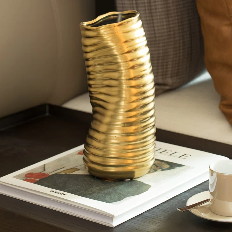Mercer41 Baftjar 9-Inch Tall Ceramic Bent Melted Modern Style Sculpture Table Centerpiece Flower Vase, a Unique and Decorative Vase in an Elegant Gold Finish, Perfect for Adding Sophistication to Home or Office Décor
