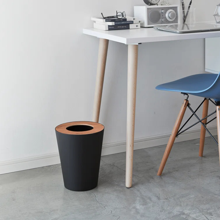 Rin Yamazaki Home Round Trash Can, 1.85 gallon Wastebasket Bathroom Kitchen Office, Steel + Wood