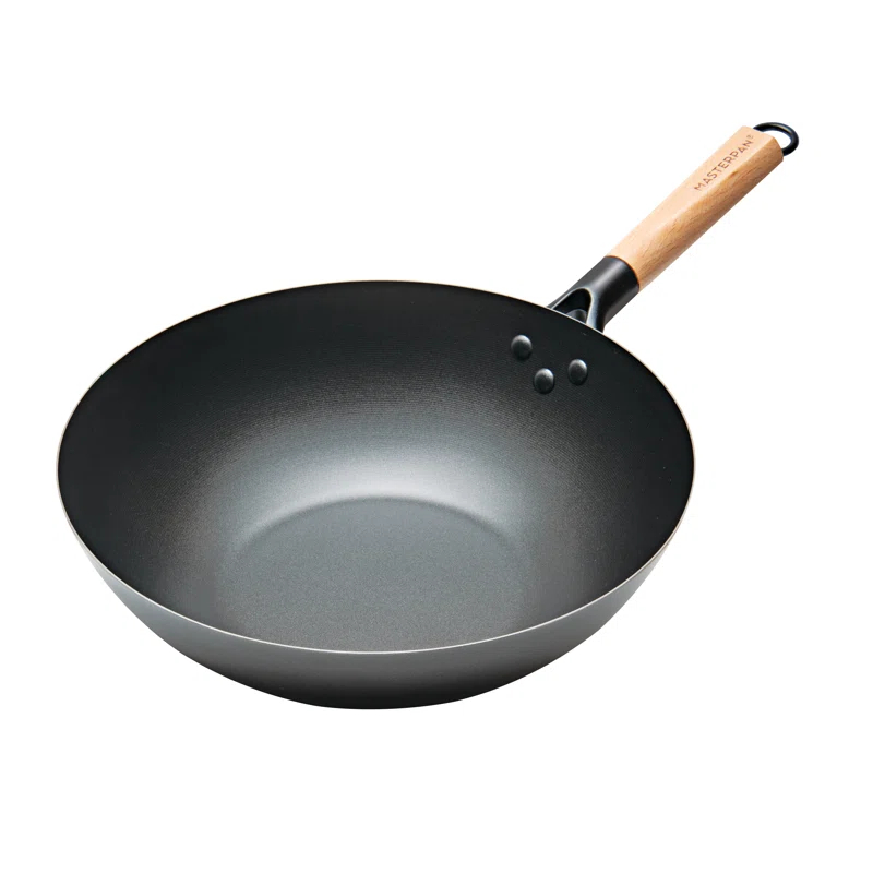 MasterPan Inc. Masterpan Carbon Steel Wok With Glass Lid Wooden Utensils Non-Stick Flat Bottom Asian Stir-Fry