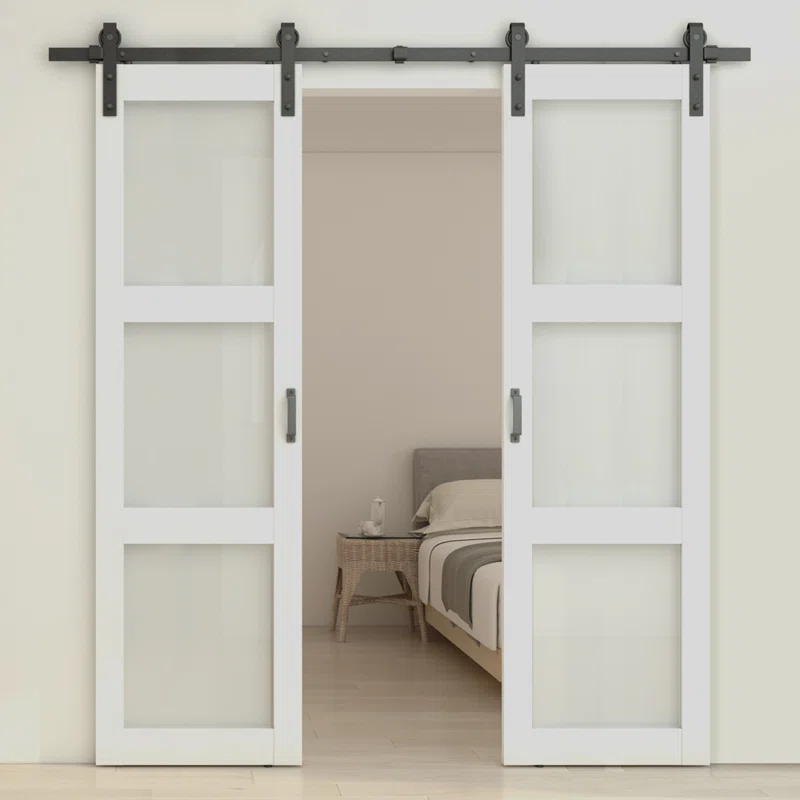 Calhome 3-Lite Tempered Frosted Glass White Finished Composite Double Sliding Barn Door with Hardware Kit Handle
