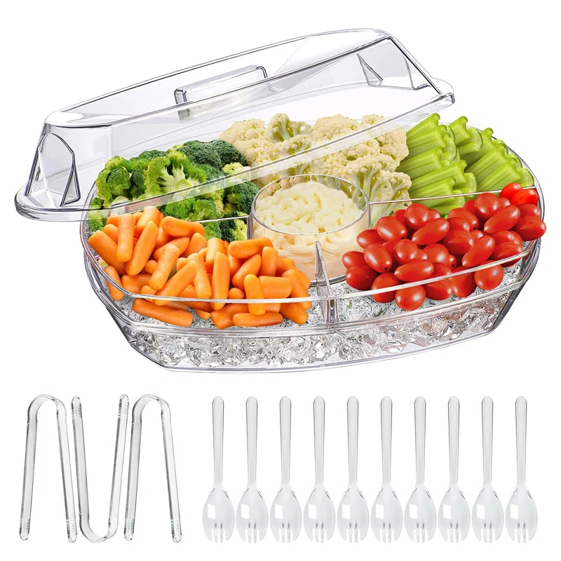 Prep & Savour Chilled Veggie Tray, 15 Inch Clear Party Platter with 4 Compartments