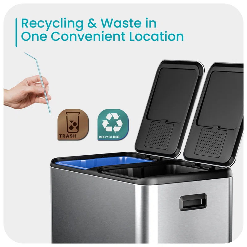 Home Zone Living Home Zone Living 15.8 Gallon Kitchen Trash Can With Dual Removable Liners For Recycling And Trash, Stainless Steel