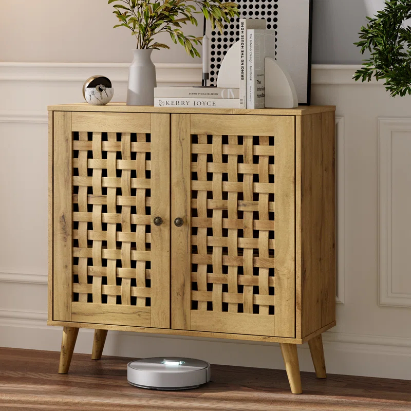 Vintage Storage Cabinet With 2 Basket Weave Wooden Doors