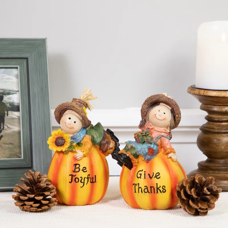 Northlight Seasonal Girl and Boy Scarecrows with Pumpkins Fall Harvest Figures