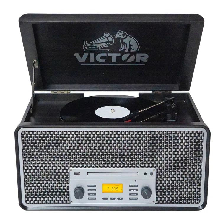 Victor 8-in-1 Wood Music Center with Bluetooth Vinyl Record Player
