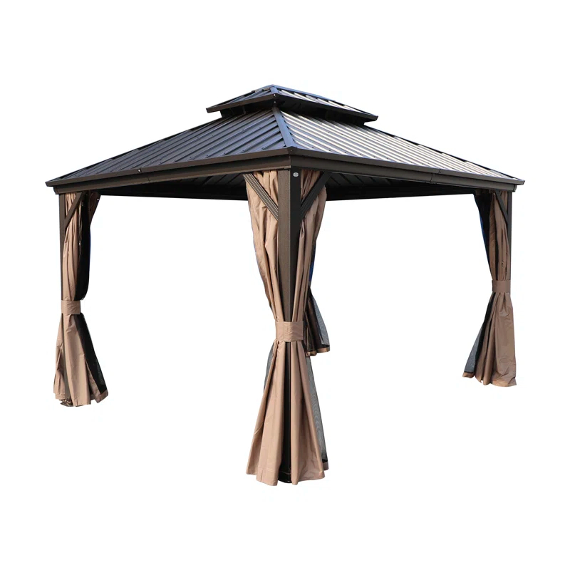 Kozyard Kozyard Caesar Gray Double Roof Hardtop Gazebo with Privacy Curtain and Mosquito Netting