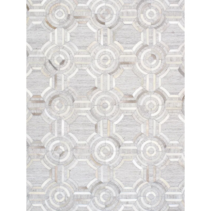 Pasargad Geometric Handmade Cowhide Silver/White Area Rug