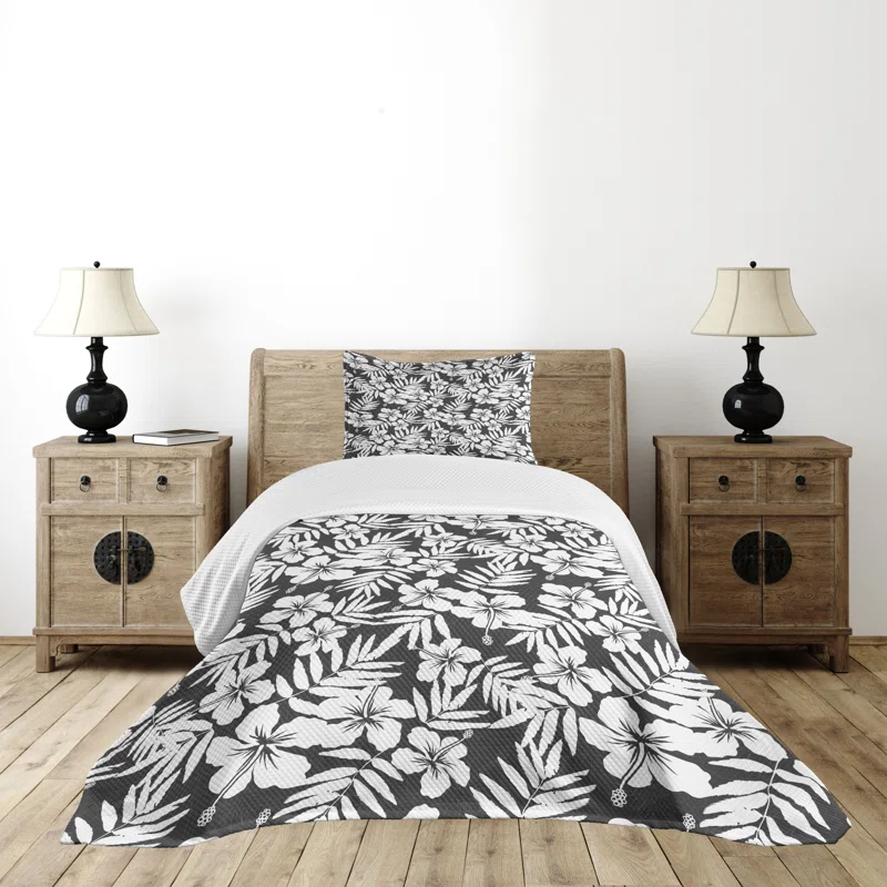 Ambesonne Ambesonne Tropical Bedspread Set Exotic Hibiscus Flower Grey and White