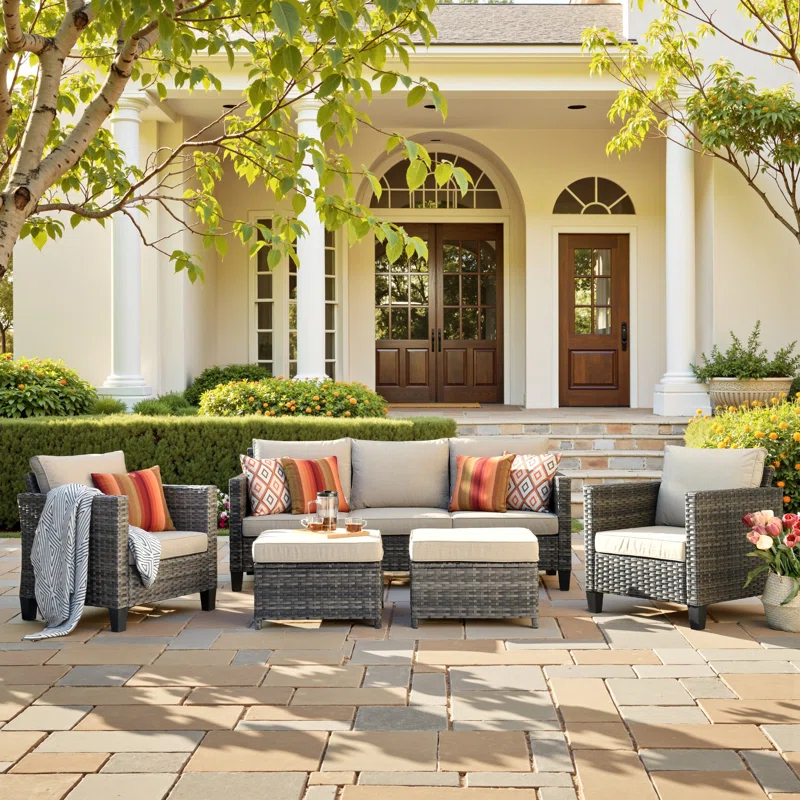 Red Barrel Studio® Harbin Wicker 5 Piece Rattan Sofa Seating Group with Cushions with Armchairs