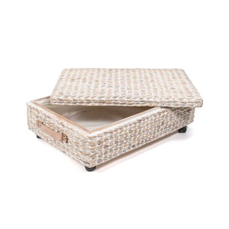 happimess Chett 26.38" Minimalist Hand-Woven Hyacinth/Wood Underbed Storage Bin with Wheels and Handles