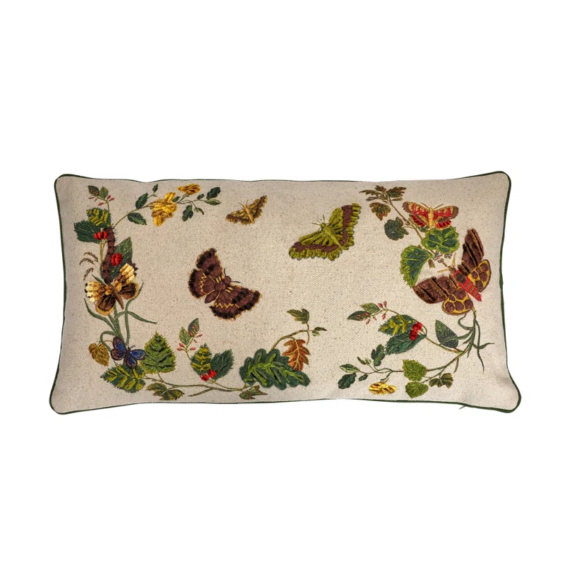 Creative Co-Op Cotton Lumbar Pillow with Butterflies, Flowers, Embroidery, and Piping
