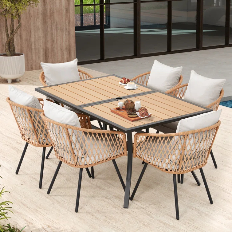 EROMMY 7 Piece Outdoor Dining Table Set, Patio Table And Chairs Set With 6 Rattan Chairs, Rectangular Table With Umbrella Hole, All-weather Patio Furniture For Backyard, Lawn, Garden