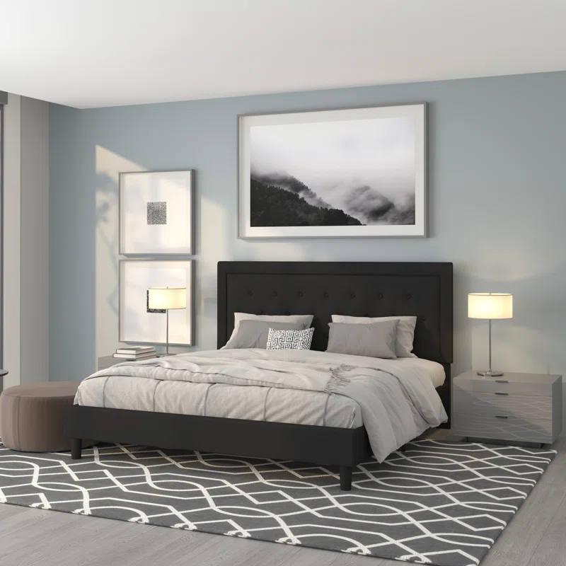 Lark Manor™ Aluino Panel Button Tufted Upholstered Platform Bed Frame - No Box Spring Required