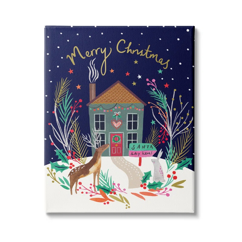 Stupell Industries " Merry Christmas Family Home Scene Festive Reindeer Holly " by Heather McLaughlin