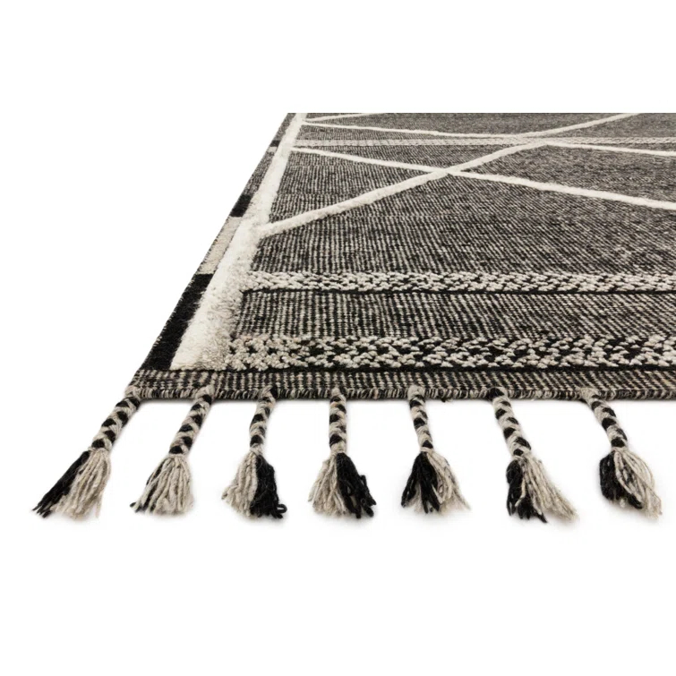 Hand-Knotted Black and Beige Wool Geometric Area Rug Sample