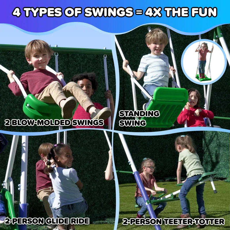 Sportspower Sportspower Park Ridge Metal Swing Set With 2 Swings, Standing Swing, 2 Person Roman Glider Swing, Teeter Totter And 5' Slide, Bonus Anchor Kit Included