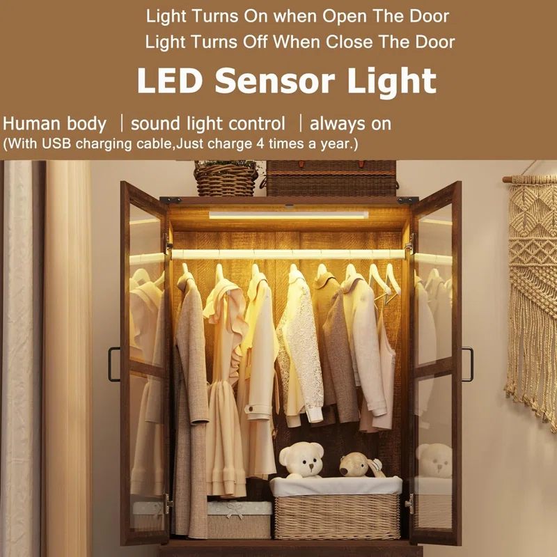 Ivy Bronx 75" Tall Farmhouse 2 Doors Armoire Wardrobe Closet with 3 Drawers and LED,Freestanding Closet