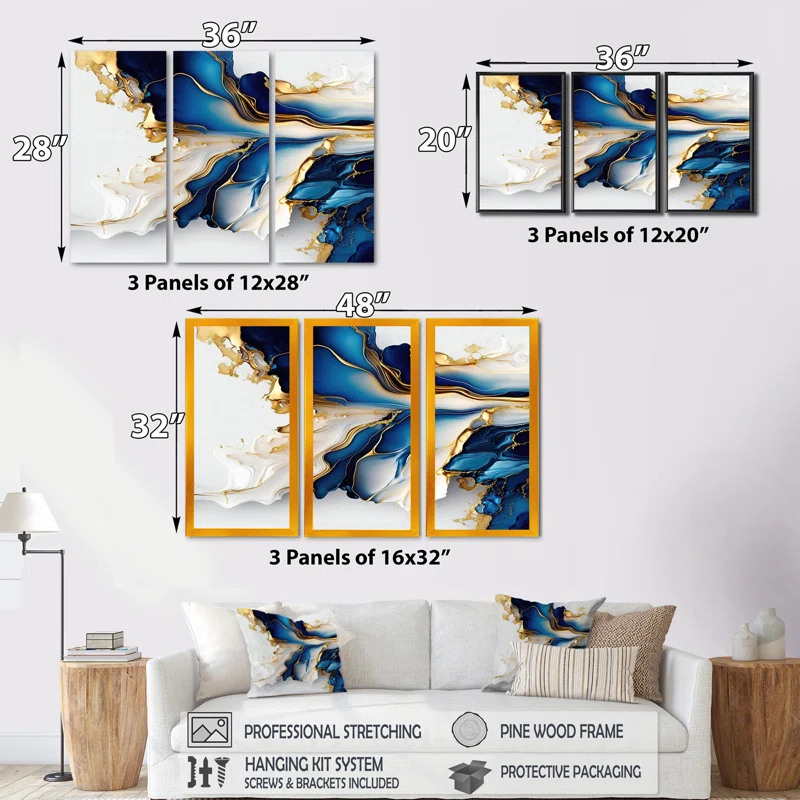 " Abstract Geode Gold And Blue Marble Shape III " 3 - Pieces