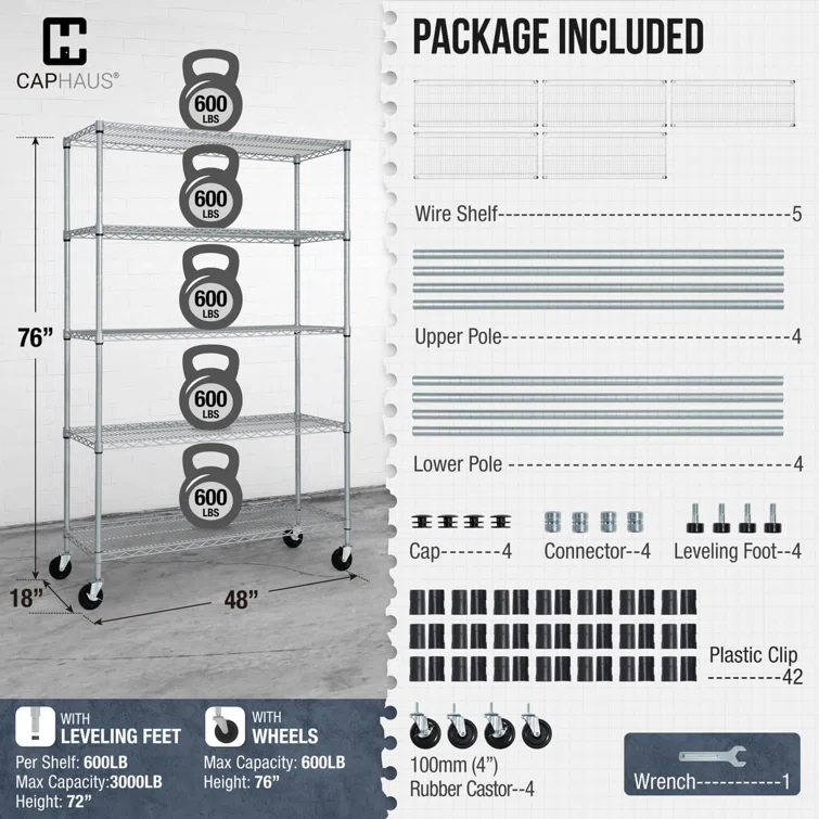 CAPHAUS CAPHAUS NSF Commercial Grade Heavy Duty 5-Tier Wire Shelving w/Wheels, Leveling Feet, 48 x 18 x 76-Inch, Multiple Options