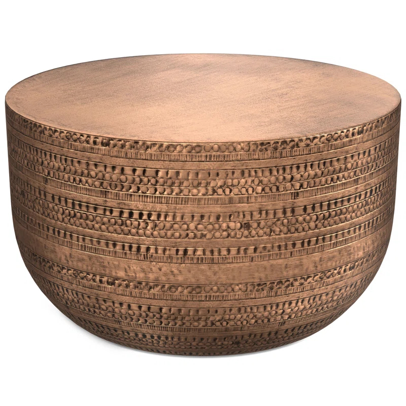 Simpli Home Johnsen 30"W Metal Boho Modern Round Coffee Table with Textured Detail, Assembled