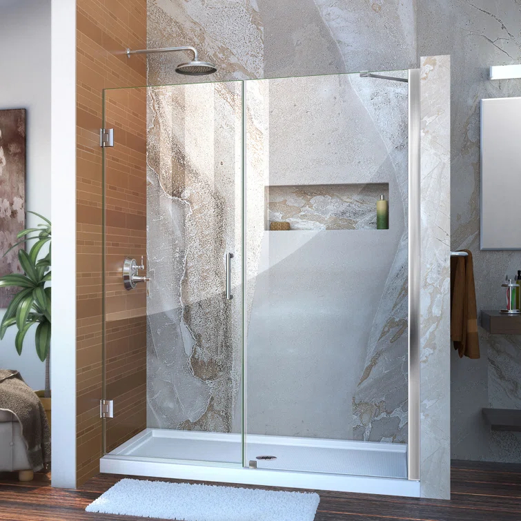 DreamLine Unidoor 57" W x 72" H Hinged Frameless Shower Door and Fixed Panel with ClearMax Glass Treatment SHDR-20577210-01
