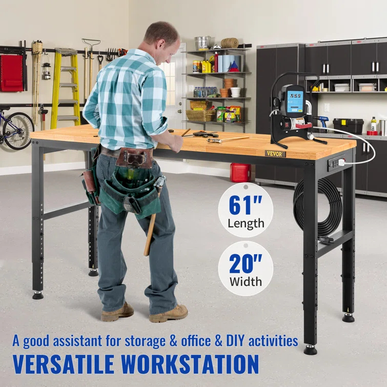 VEVOR 61'' W Wood Top Height-Adjustable Workbench