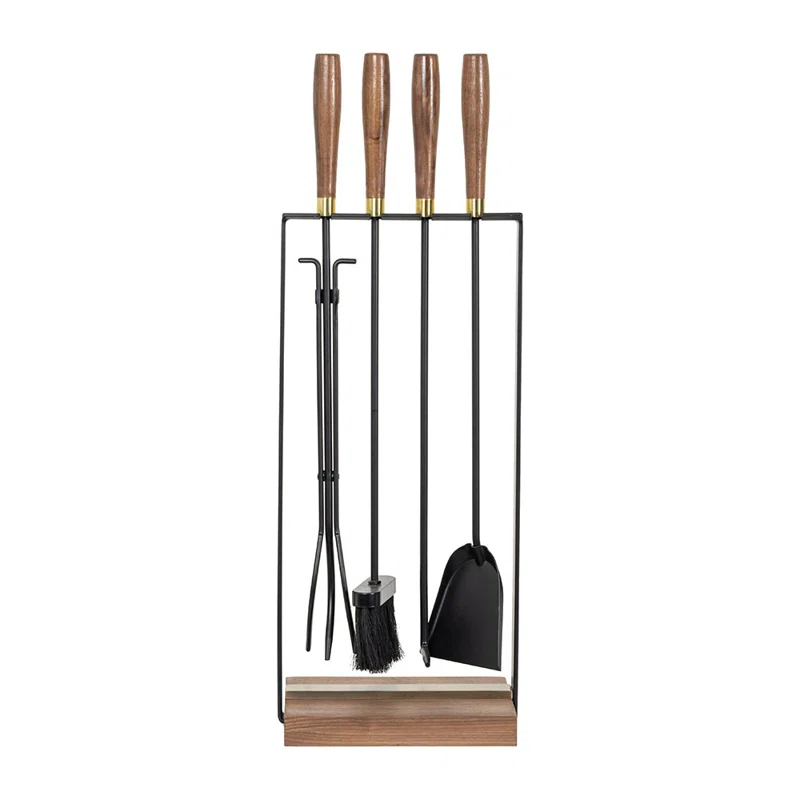 Country Living Walnut Grove 5 Piece Fireplace Tool Set in Black | Walnut Wood Handles