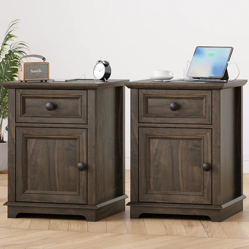Azella 1-Drawer Frame End Table Set with Storage and Built-In Outlets (Set of 2)
