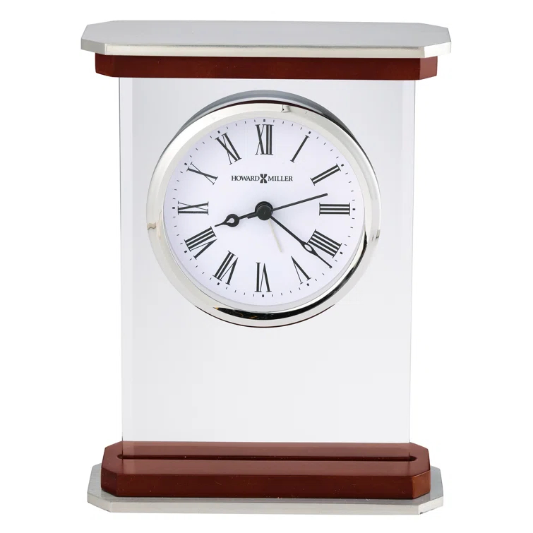 Howard Miller® Mayfield Modern & Contemporary Roman Numeral Rosewood Quartz Movement / Crystal Tabletop Clock with Alarm in White/Brown/Silver