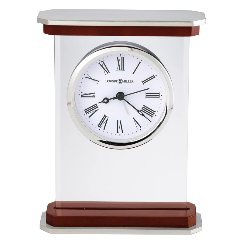 Howard Miller® Mayfield Modern & Contemporary Roman Numeral Rosewood Quartz Movement / Crystal Tabletop Clock with Alarm in White/Brown/Silver