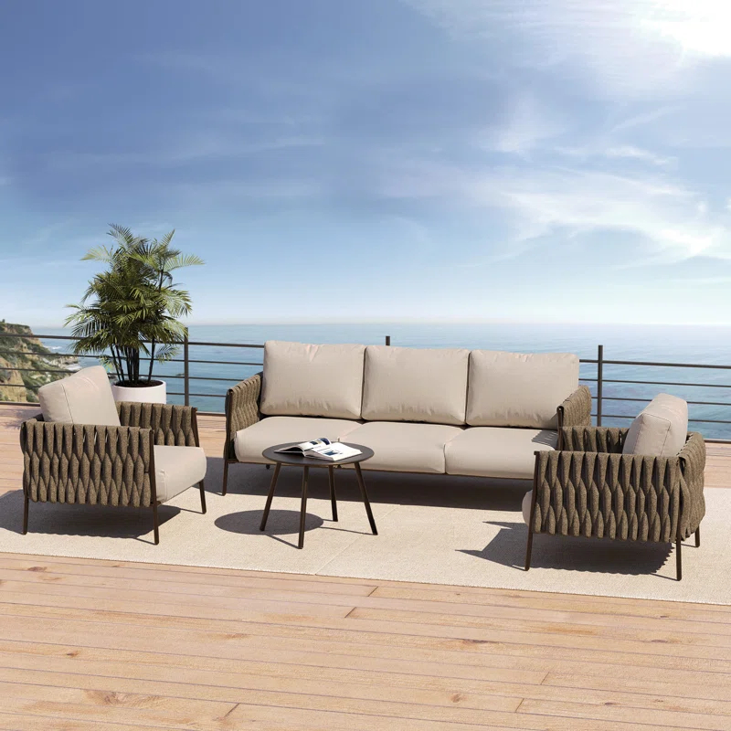 EAST OAK Patio Furniture Set 5 Pieces Sofa with Two Round Coffee Table  and Waterproof Thick Cushion Deep Seating