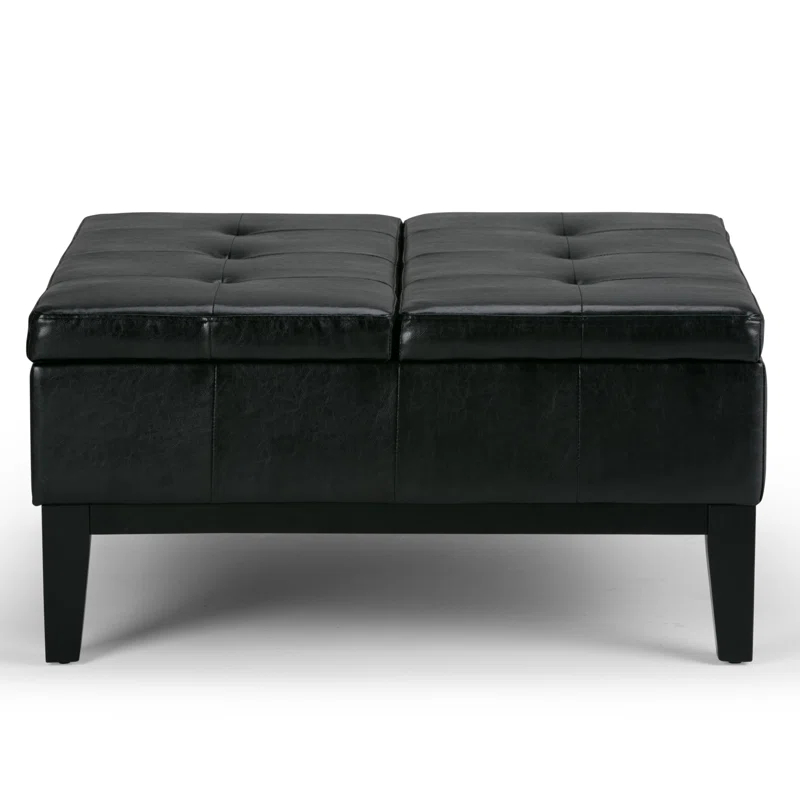 Simpli Home Dover 36"W Upholstered Square Coffee Table Storage Ottoman with Split Tufted Lift Top