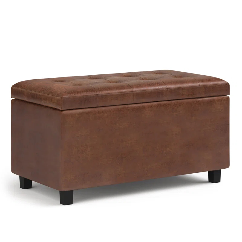 Simpli Home Cosmopolitan 34"W Upholstered Storage Ottoman with Tufted Design and Large Interior Storage