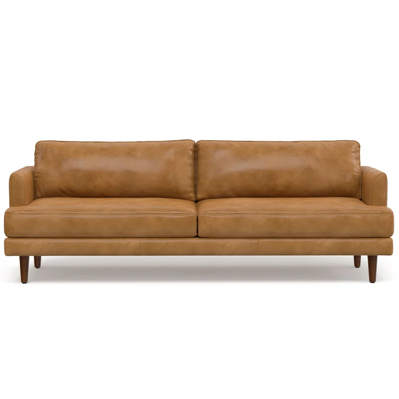 Simpli Home Livingston Top Grain Genuine Leather Mid-Century Modern Sofa With Solid Wood Frame For Living Room