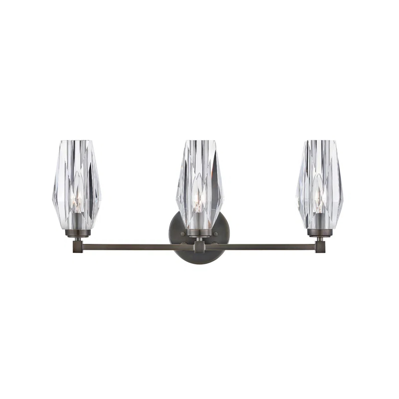 Hinkley Ana 3-Light Bath Vanity w/ Faceted Heavy-Cut Diamond-Shaped Crystal Shades - Black Oxide