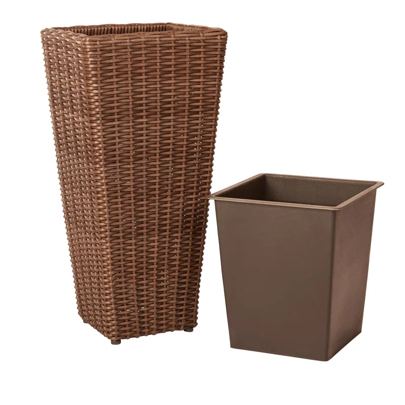 PatioSense Alto Balkene Home Alto Wicker Planter with Liners ,Tall Plant Decor Box for Outdoors - Mocha - Pack of 2