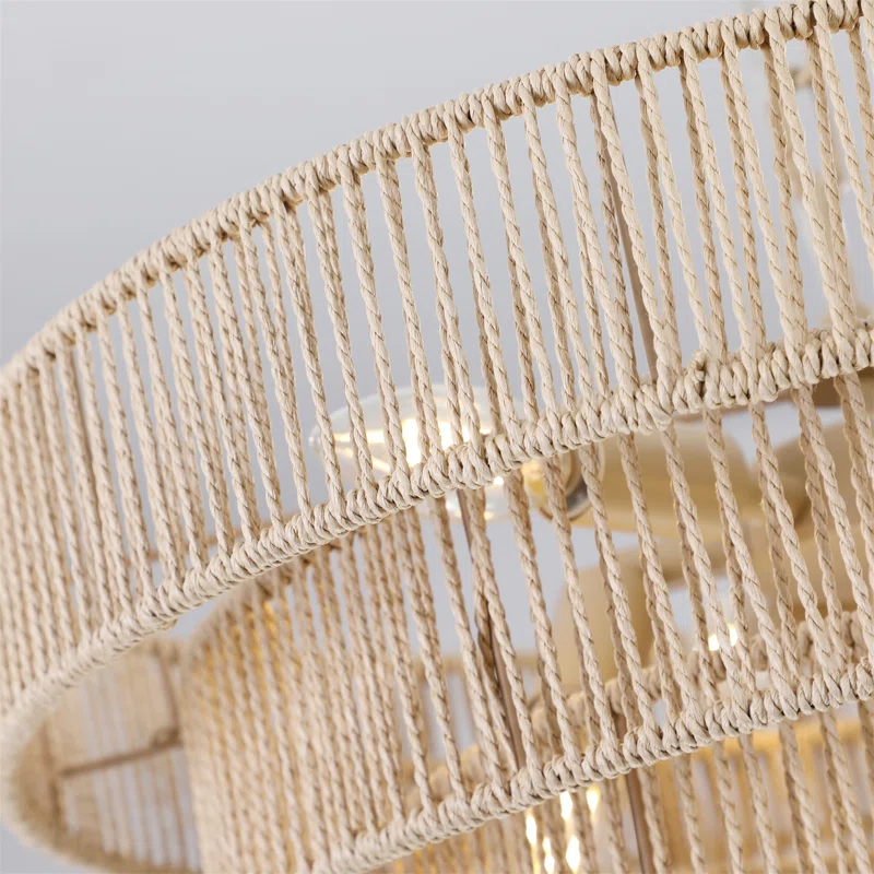 Rosecliff Heights Bohemian style Woven Pendant Light 19.7 Inch Rattan Ligh Large Rattan Pendant Light with 4-Tier Rattan Chandelier--Wood