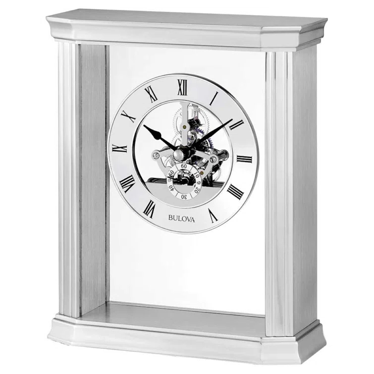 Bulova Roman Numeral Stainless Steel Quartz Movement / Crystal Tabletop Clock with Alarm in Silver