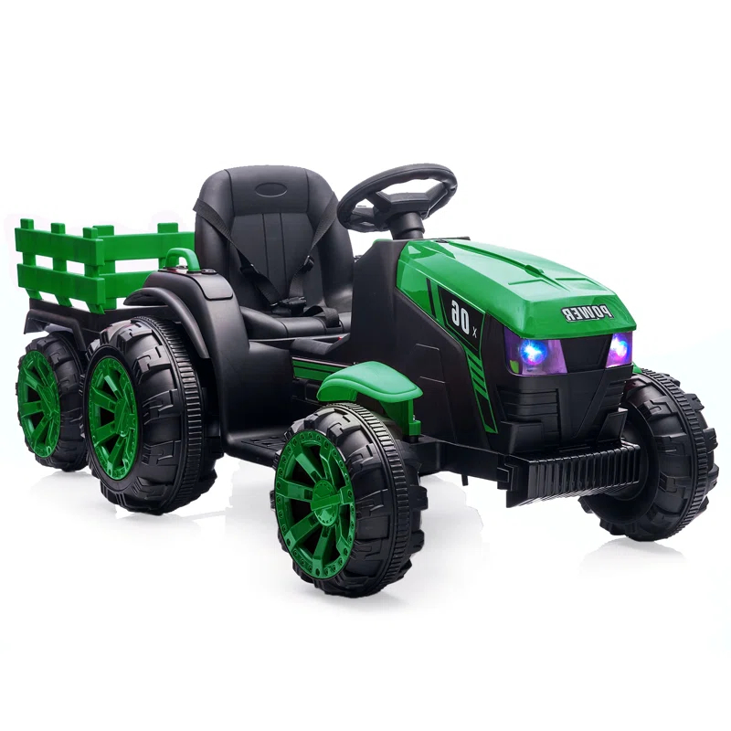 Yesurprise 12v Kids Ride On Tractor With Trailer Battery Powered Electric Vehicles Toy With 35w Dual Motor Remote Control 6 Wheels Led Lights Music