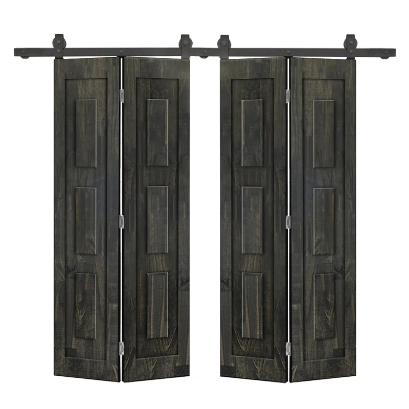 Calhome 3 Panel Shaker Pine Wood Double Bi-Fold Door with Sliding Barn Door Hardware Kit